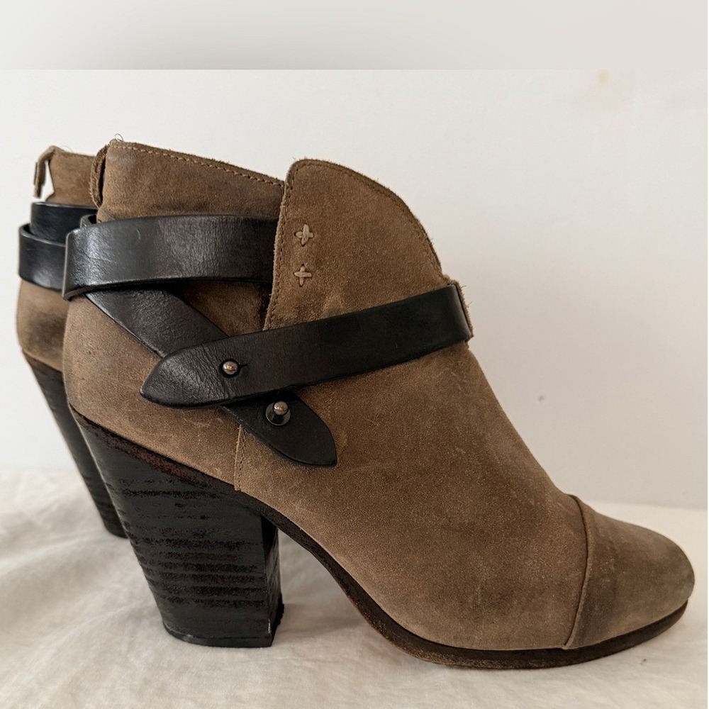 Rag & Bone Suede Harrow Leather Harness Ankle Boots Brown Black Block Heel US8.5
